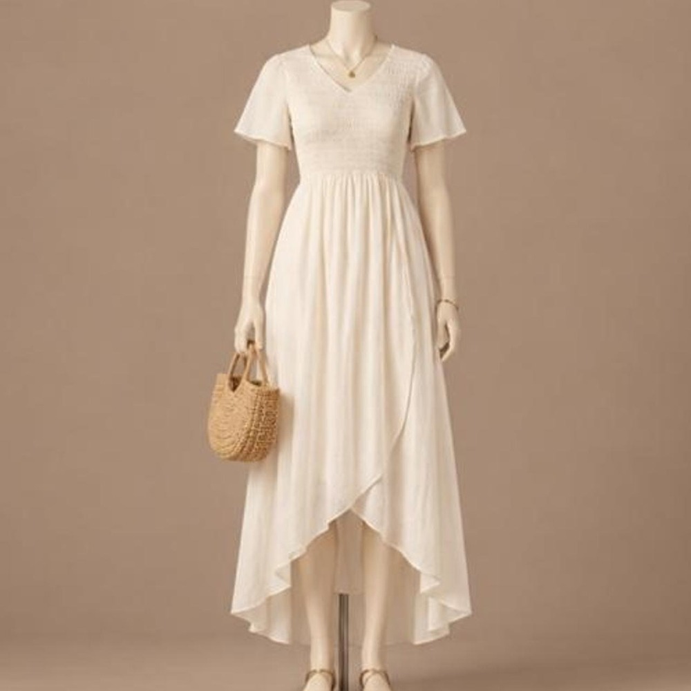 Zattcas Ivory Smocked High Low Maxi Dress Size Medium